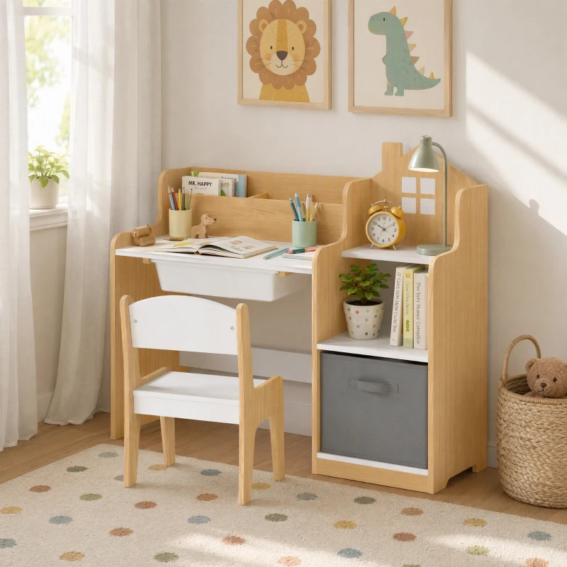 AIYAPLAY Escritorio Infantil con Silla con Caja de Tela Cajón 2 Compartimentos Estantes para Estudiar Dibujar 3-8 Años Natural