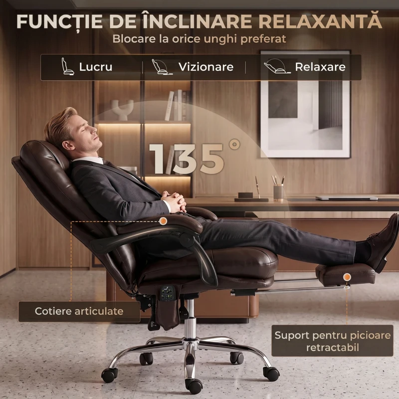 HOMCOM Scaun de Birou cu Masaj, Căldură, 6 Vibrații, Spătar Înalt Reclinabil, Maro