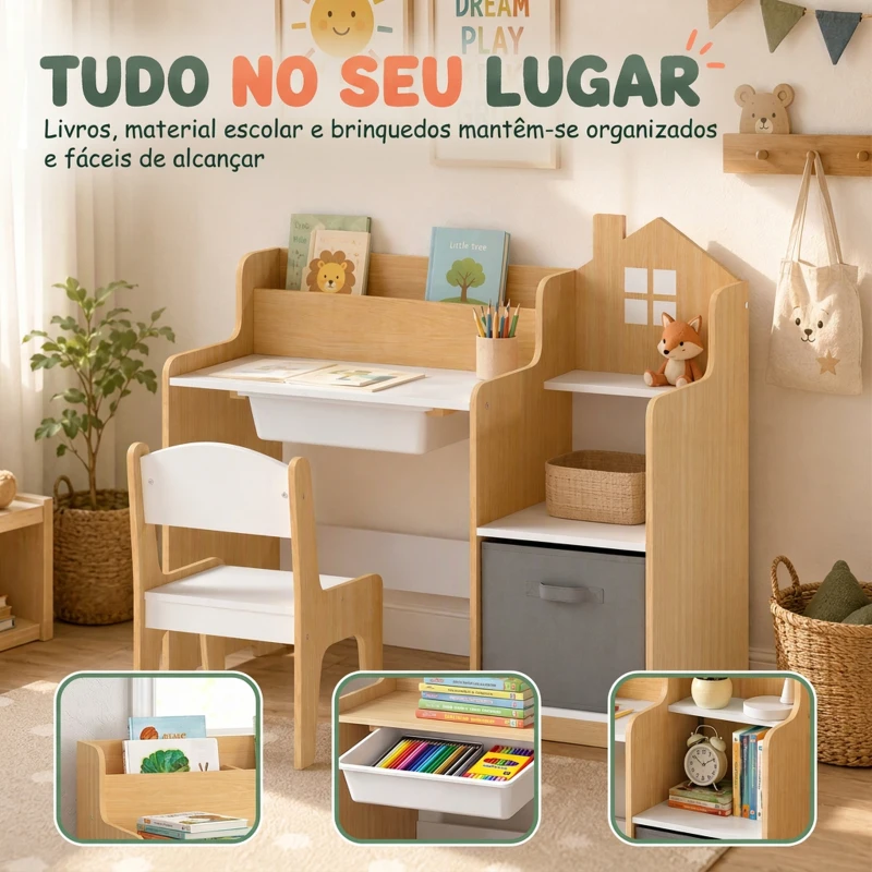 AIYAPLAY Secretária Infantil com Cadeira, Cesto de Tecido, Gaveta, 2 Compartimentos e Estantes, para Estudar e Desenhar, 3-8 Anos, Natural