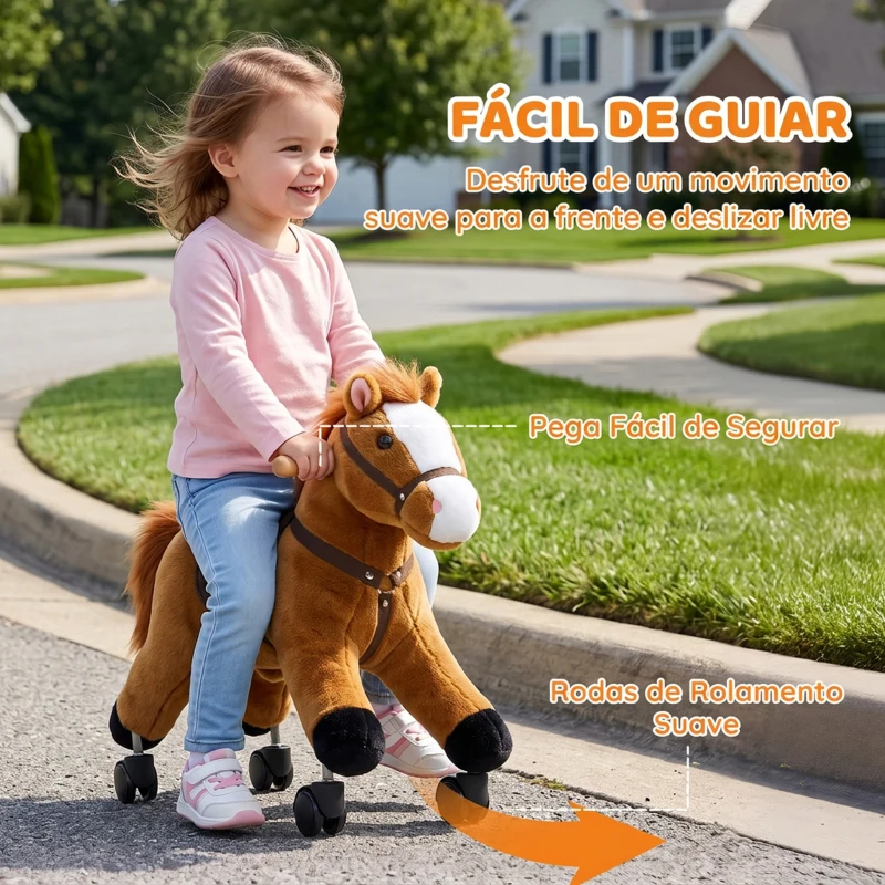 AIYAPLAY Cavalo de Brincar para Montar com Rodas, Andador de Peluche com Sons de Cascos e Relinchos, Estrutura Metálica, 18-36 Meses, 50 kg, Castanho