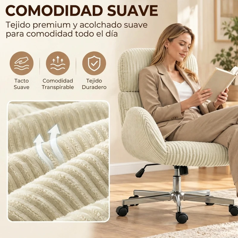 HOMCOM Silla de Oficina con Reposabrazos Respaldo Alto Reposacabezas Regulable Ruedas Altura Ajustable Giratoria Crema