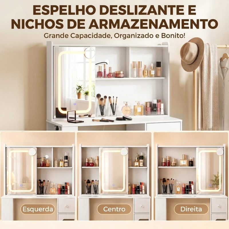 HOMCOM Toucador de Maquilhagem com Espelho Deslizante Luzes LED de 3 Cores Gaveta 4 Compartimentos Porta e 3 Prateleiras Abertas Branco