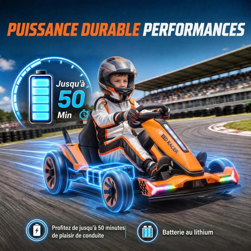 AIYAPLAY Kart Électrique pour Enfants 12 V, Go Kart, 2 Moteurs, Siège Réglable, Batterie au Lithium, Démarrage Progressif, Orange