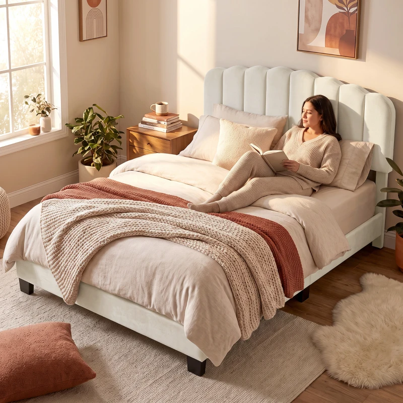 HOMCOM Cadre de Lit 140 x 190 cm avec Tête Réglable, Lit Double Rembourré en Velours, Sommier à 12 Lattes en Bois, Crème