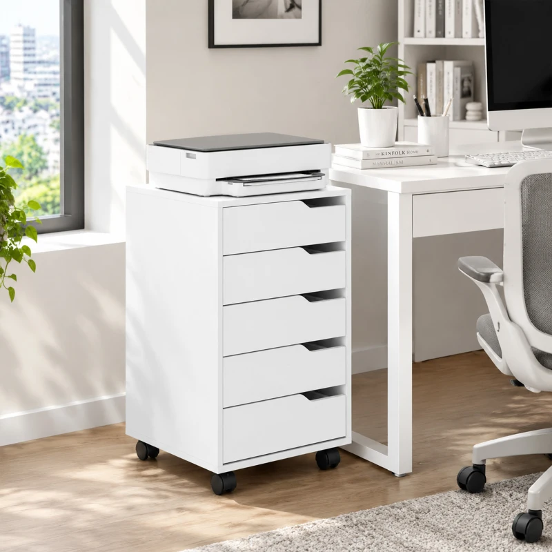 HOMCOM Gaveteiro de Escritório com 5 Gavetas, Rodas e Suporte para Impressora, Branco