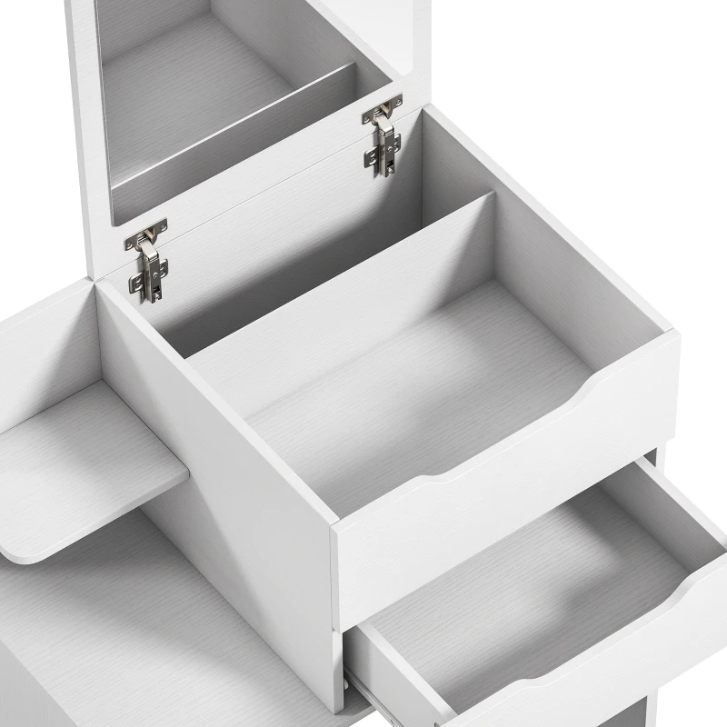 HOMCOM Kaptafel met spiegel en kruk, opklapbare spiegel, make-uptafel met lades, wit