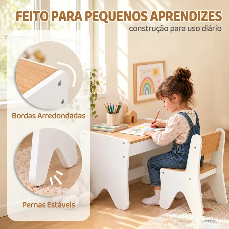 AIYAPLAY Mesa e Cadeira Infantil para Desenhar e Ler com Gaveta Branco e Madeira