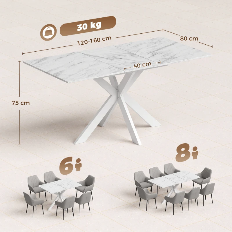 HOMCOM Extendable Dining Table Steel Cross Legs Steel Rails Space Saving White