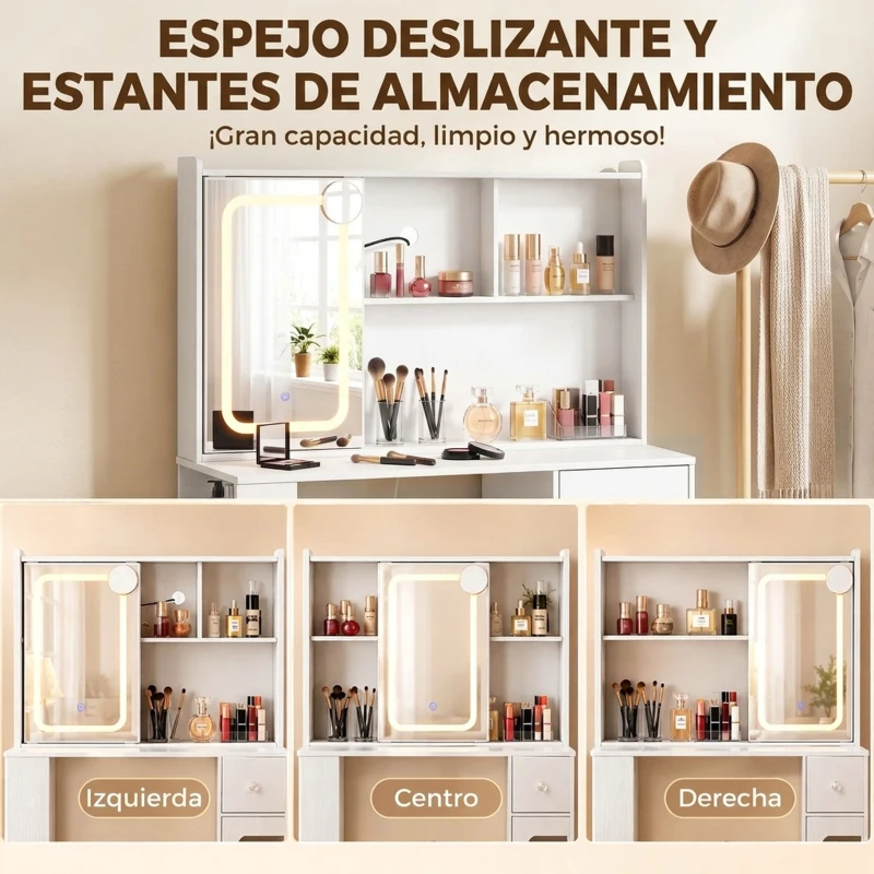HOMCOM Tocador de Maquillaje Espejo Deslizante Luces LED 3 Colores Cajón 4 Compartimentos Puerta 3 Estantes Abiertos Blanco