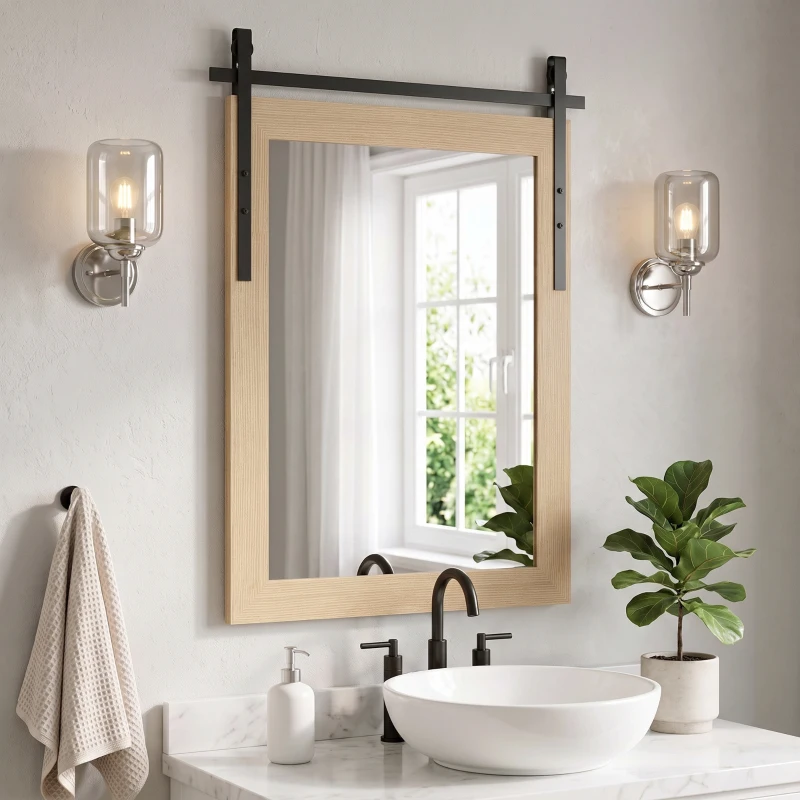 HOMCOM 86.5 x 61 cm Rectangle Mirror, Farmhouse Wall Mirror for Living Room, Bedroom, Hallway, White Oak