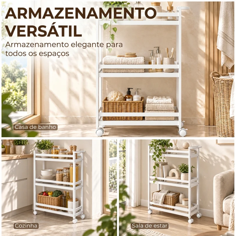 HOMCOM Carrinho Auxiliar de Casa de Banho em Bambu com 3 Níveis e Rodas 55x20x75 cm Branco