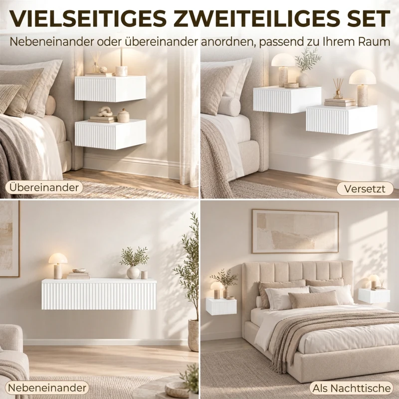 HOMCOM Set van 2 wandgemonteerde nachtkastjes met 2 laden, 40 x 35 x 17 cm, wit