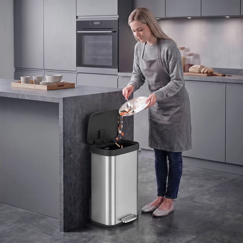 HOMCOM Poubelle de Cuisine 50 L en Acier Inoxydable, Pédale, Couvercle à Fermeture Douce, Compartiment Désodorisant, Argenté