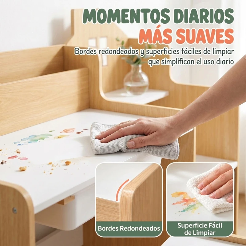 AIYAPLAY Escritorio Infantil con Silla con Caja de Tela Cajón 2 Compartimentos Estantes para Estudiar Dibujar 3-8 Años Natural