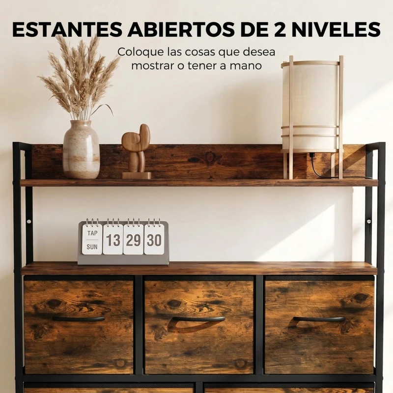 HOMCOM Cómoda de Tela con 7 Cajones y 2 Estantes de Estilo Industrial con Marco de Acero 79x29x101 cm Marrón Rustico