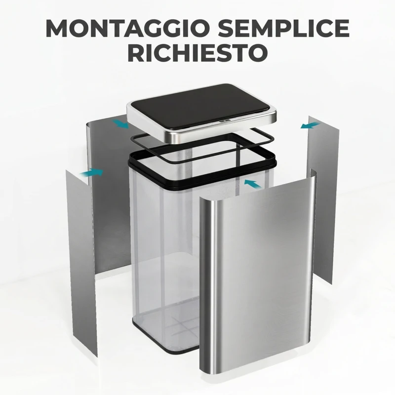 HOMCOM Pattumiera Automatica con Sensore 40 L in Acciaio Inox Anti-Impronta, Chiusura Ammortizzata, Argento