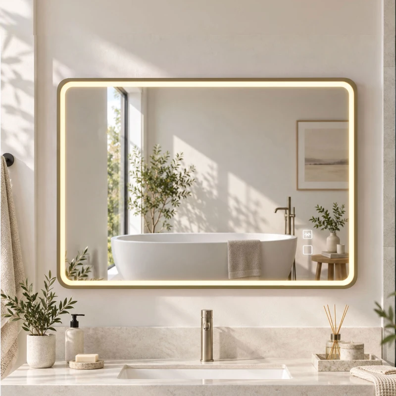 HOMCOM Bathroom Mirror with LED Lights, 100x70cm Rectangle Bathroom Mirror, Dimmable, Bluetooth, Anti-Fog, Gold Tone