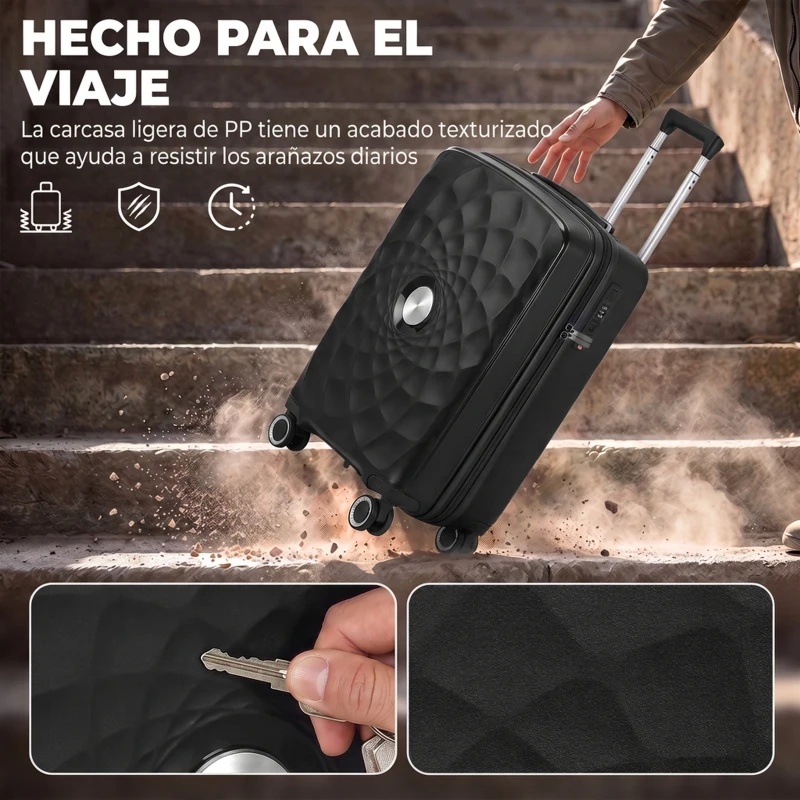 HOMCOM Maleta de Cabina 18" Ligera y Rígida con Puerto USB Cerradura TSA y 4 Ruedas Dobles Giratorias Negro