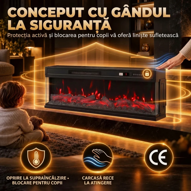 HOMCOM Șemineu Electric de Podea/Încastrabil, 3 Laturi, cu Telecomandă, 750/1500W, Efect Flacără 3D 12 Culori, 5 Niveluri de Luminozitate