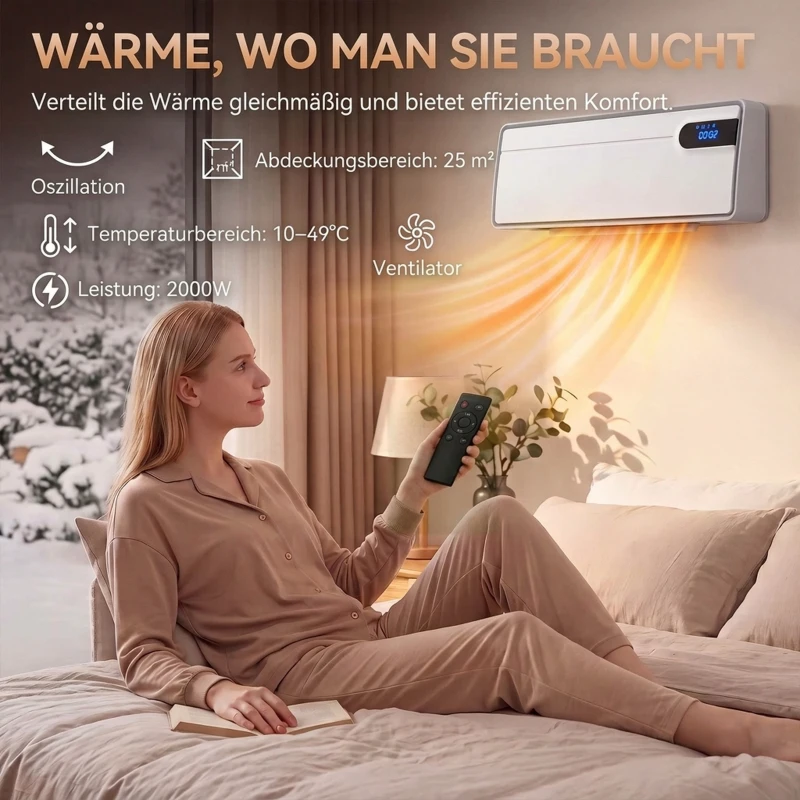 HOMCOM Slimme elektrische verwarming 2000 W, keramische wandheizlüfter met wifi-app, oscillatie, thermostaat, wit