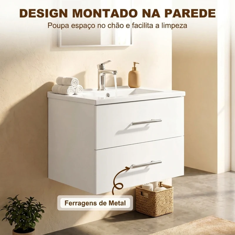 HOMCOM Móvel de Casa de Banho Suspenso com Lavatório Armário com 2 Gavetas 60 cm Branco