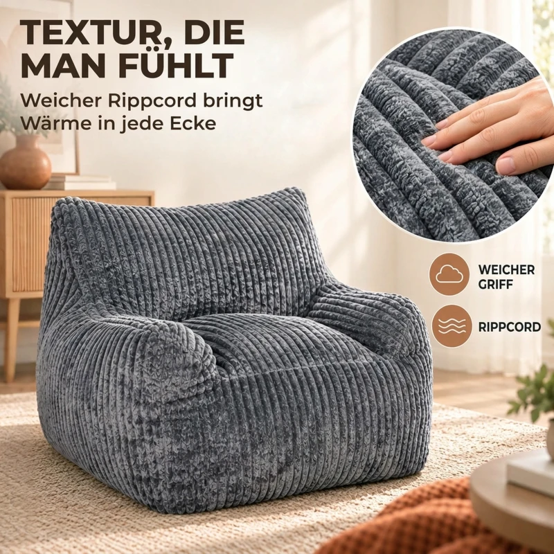 HOMCOM Vloerfauteuil voor volwassenen, grote cloud lounge zonder frame, met rugsteun en armleuningen, geen montage, grijs