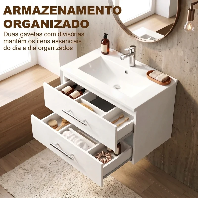 HOMCOM Móvel de Casa de Banho Suspenso com Lavatório Armário com 2 Gavetas 60 cm Branco