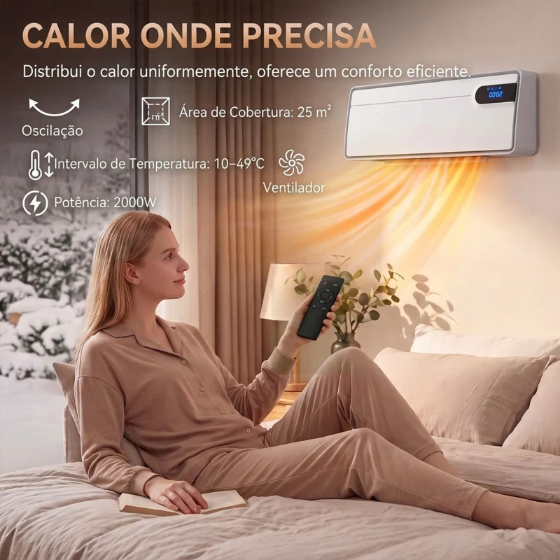 HOMCOM Aquecedor Elétrico Cerâmico de Parede 2000 W com Wi-Fi, 3 Modos, Ecrã LED, Temporizador e Comando à Distância, Branco