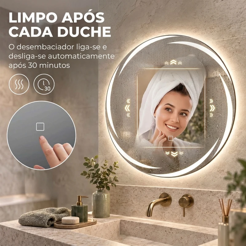 HOMCOM Espelho Redondo LED para Casa de Banho 60x60 cm de Parede com Antiembaciamento Memória 3 Temperaturas de Cor e Brilho Regulável