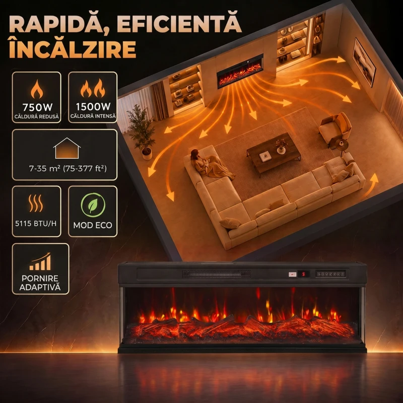 HOMCOM Șemineu electric de podea/încastrabil, 3 laturi, cu telecomandă, 750/1500W, efect flacără 3D, 12 culori, 5 niveluri de luminozitate