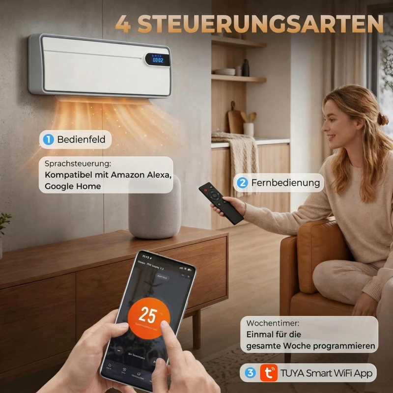 HOMCOM Slimme elektrische verwarming 2000 W, keramische wandheizlüfter met wifi-app, oscillatie, thermostaat, wit