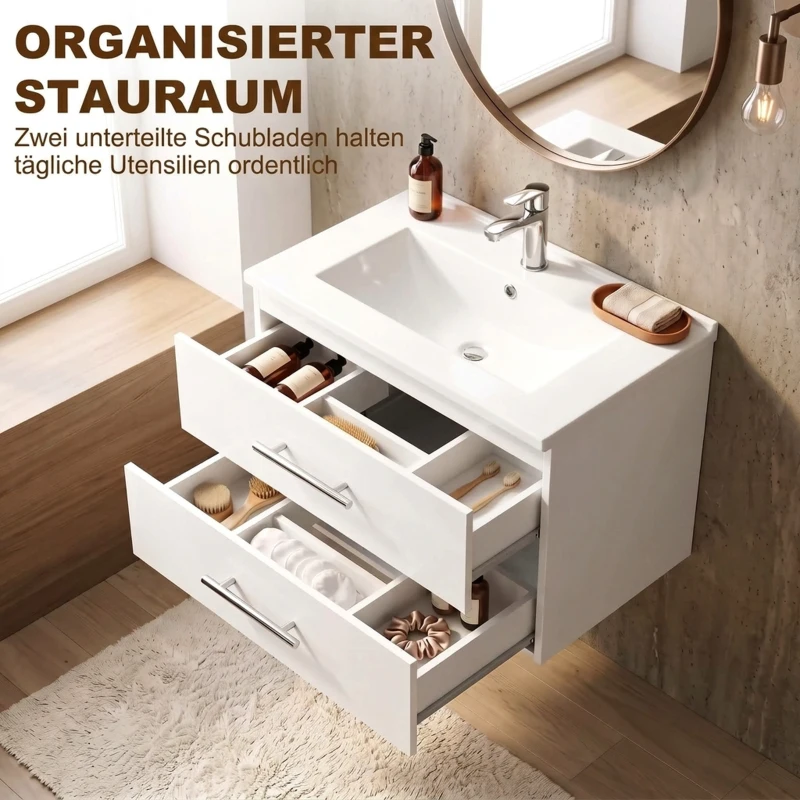HOMCOM Wastafelonderkast voor wandmontage, badkameronderkast met keramische wastafel, 60 cm, wit