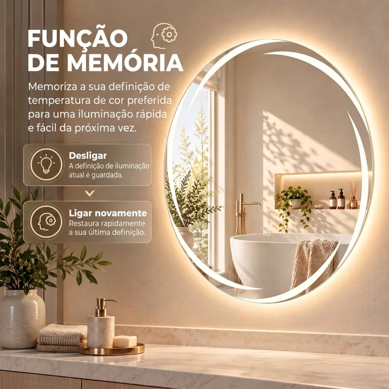 HOMCOM Espelho Redondo LED para Casa de Banho 60x60 cm de Parede com Antiembaciamento Memória 3 Temperaturas de Cor e Brilho Regulável