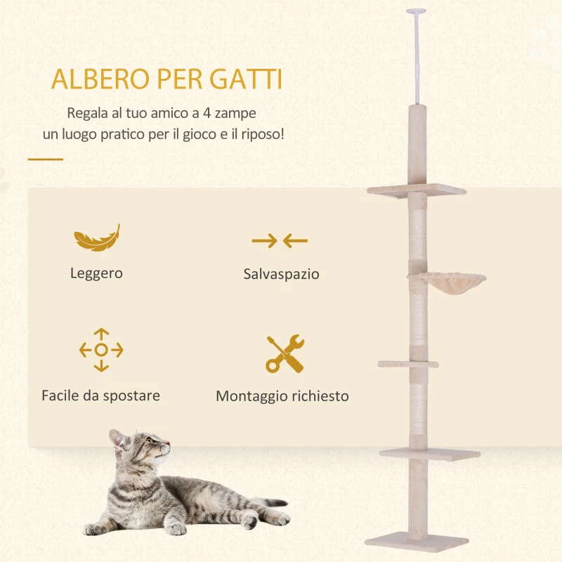 PawHut Albero Tiragraffi Multilivello a Soffitto con Amaca e Altezza Regolabile, 40x34x230-260cm, Beige