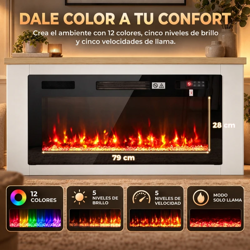 HOMCOM Chimenea Eléctrica de Pie 900/1800W Mueble para TV 55" 12 Colores de Llama 3D 5 Brillos Control Remoto para 35㎡ Blanco