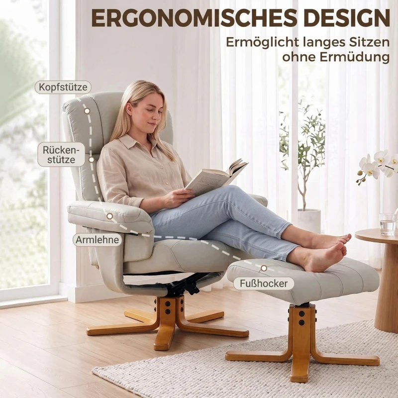 HOMCOM Relaxsessel 130° verstellbare Rückenlehne 360° drehbar Fernsehsessel mit Hocker Cremeweiß