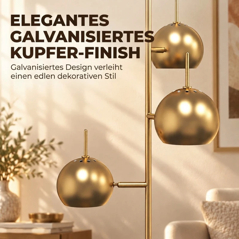 HOMCOM Stehlampe 350° verstellbar für Wohnzimmer und Büro Stehleuchte mit 3 Schirmen aus Stahl Gold