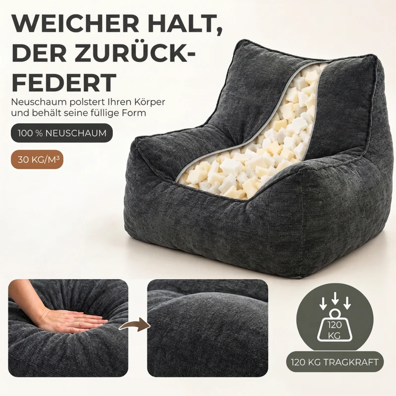 HOMCOM Vloerstoel met poef, frameloze cloud-fauteuil van chenille, met rugleuning en armleuningen