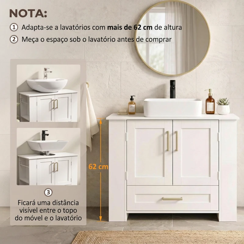 HOMCOM Móvel para Lavatório com Prateleiras na Porta Suporte para Rolo Gaveta e Nichos Abertos para Lavatório sem Coluna Branco