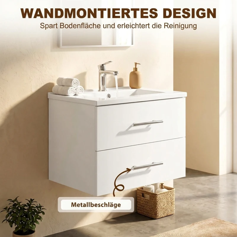 HOMCOM Wastafelonderkast voor wandmontage, badkameronderkast met keramische wastafel, 60 cm, wit