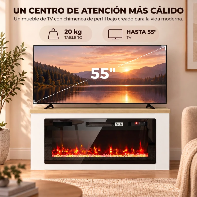 HOMCOM Chimenea Eléctrica de Pie 900/1800W Mueble para TV 55" 12 Colores de Llama 3D 5 Brillos Control Remoto para 35㎡ Blanco