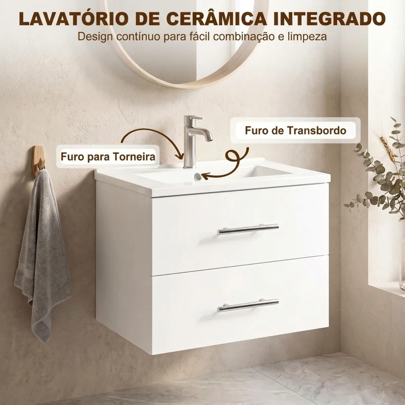 HOMCOM Móvel de Casa de Banho Suspenso com Lavatório Armário com 2 Gavetas 60 cm Branco