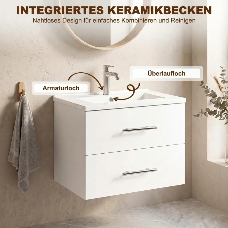 HOMCOM Wastafelonderkast voor wandmontage, badkameronderkast met keramische wastafel, 60 cm, wit