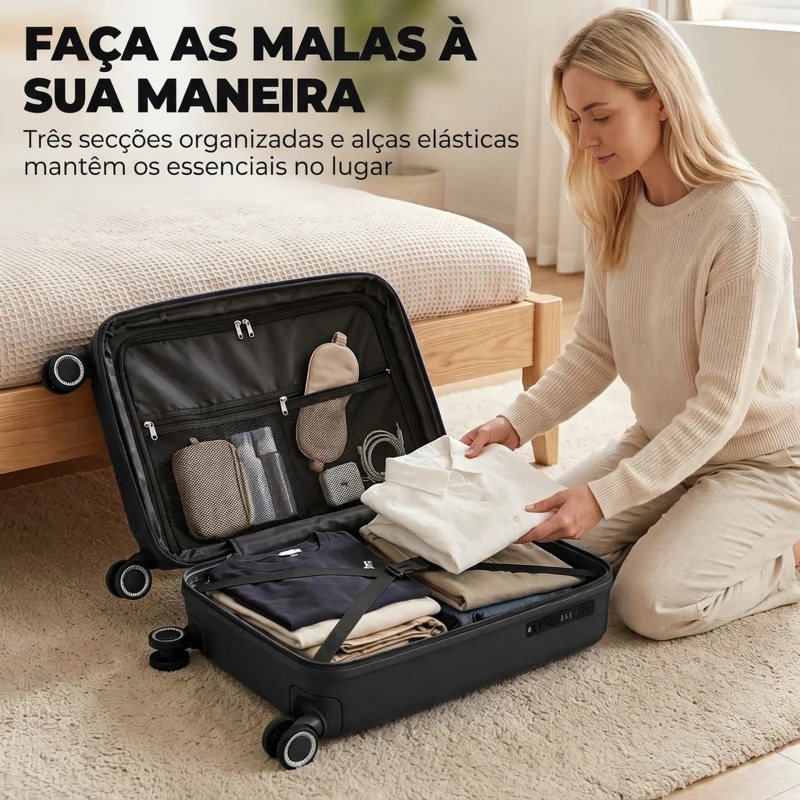 HOMCOM Mala de Cabine 18'' Leve e Rígida com Porta USB Fecho TSA e 4 Rodas Duplas 360° Preta
