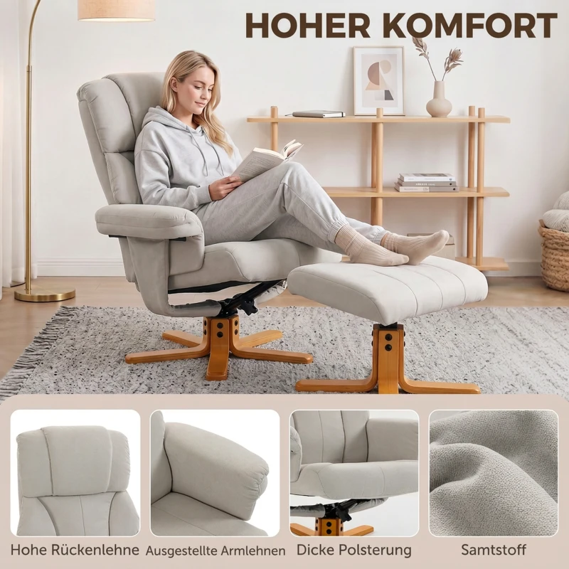 HOMCOM Relaxsessel 130° verstellbare Rückenlehne 360° drehbar Fernsehsessel mit Hocker Cremeweiß