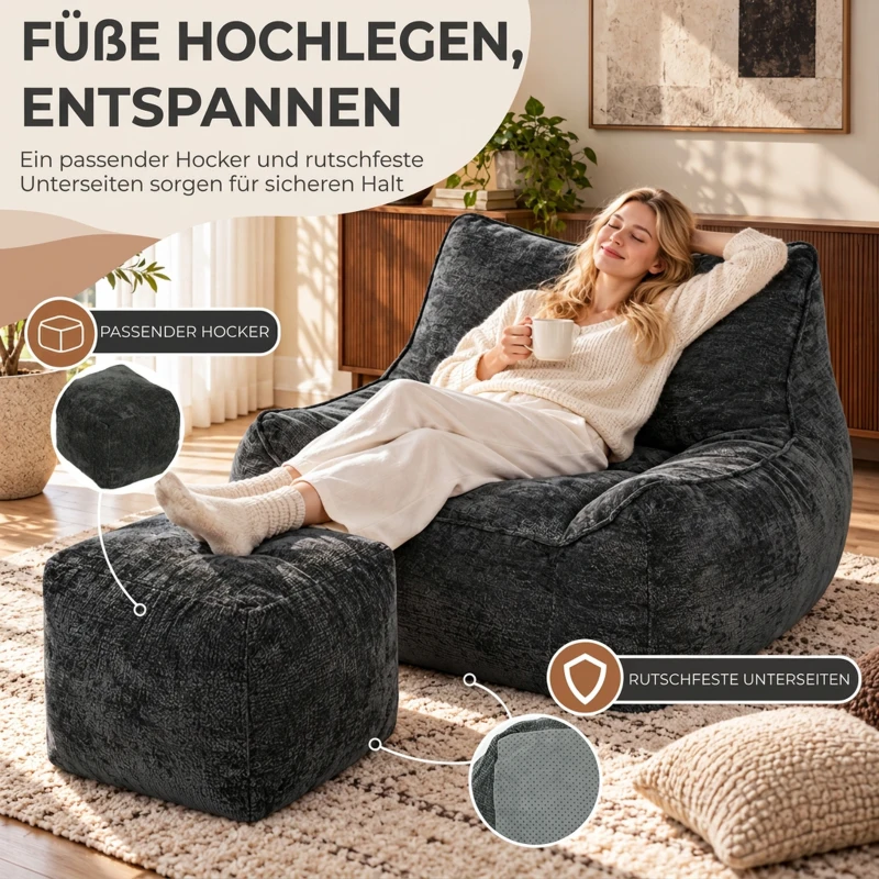HOMCOM Vloerstoel met poef, frameloze cloud-fauteuil van chenille, met rugleuning en armleuningen