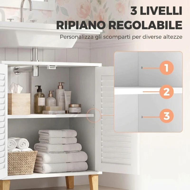 HOMCOM Mobile Sottolavabo con Ripiano Regolabile e Ante a Persiana, Bianco