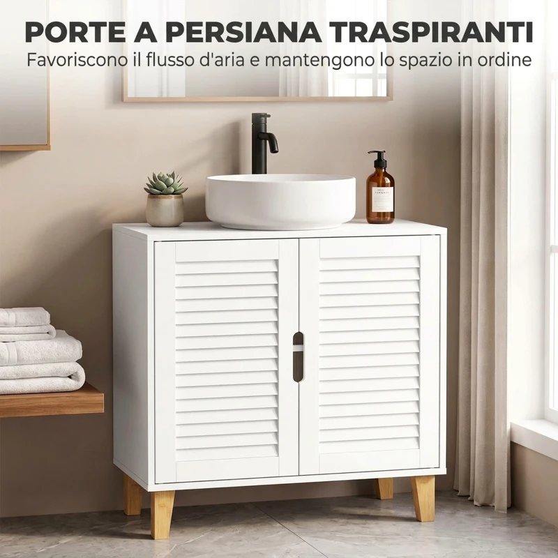 HOMCOM Mobile Sottolavabo con Ripiano Regolabile e Ante a Persiana, Bianco