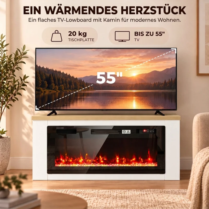 HOMCOM Elektrokamin mit Heizung, 12 Flammenfarben, TV-Schrank mit Kamin für TV bis 55 Zoll, 114 cm Weiß