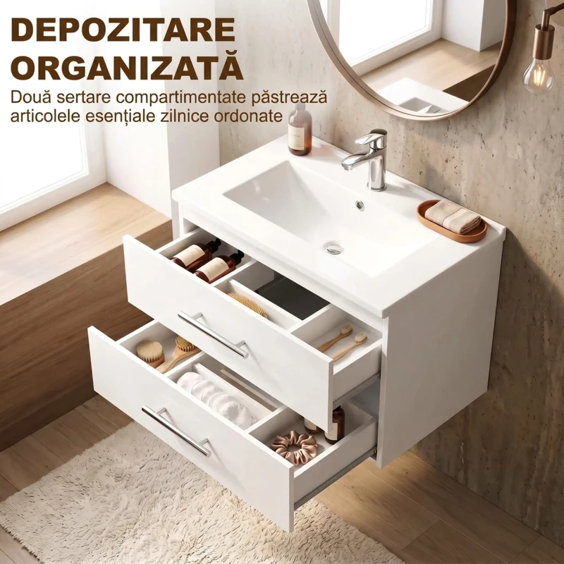 HOMCOM Dulap cu Lavoar pentru Baie, Alb, cu 2 Sertare
